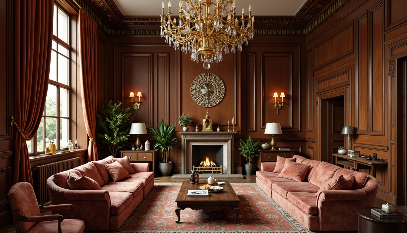 Prompt: Elegant living room, rich wood tones, ornate carvings, velvet upholstery, gilded accents, crystal chandeliers, intricate patterns, luxurious fabrics, refined proportions, symmetrical composition, warm golden lighting, shallow depth of field, 1/1 ratio, realistic textures, ambient occlusion.