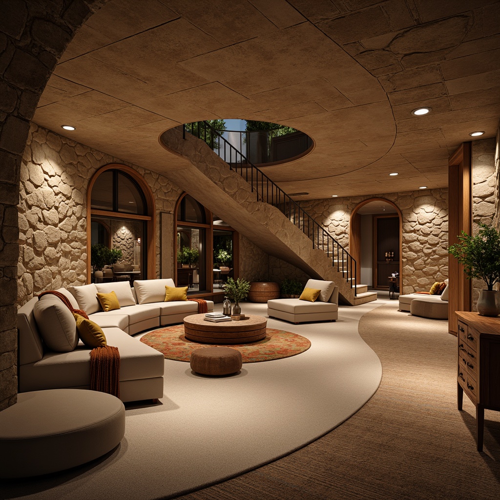 Prompt: Cozy basement, curved lines, flowing shapes, natural stone walls, warm wooden accents, plush carpets, modern minimalist furniture, ambient soft lighting, circular staircase, rounded doorways, arched windows, organic textures, earthy color palette, intimate seating areas, functional storage spaces, sleek metal railings, subtle patterned rugs, calming atmosphere, dramatic shadows, 1/2 composition, atmospheric perspective, realistic render.