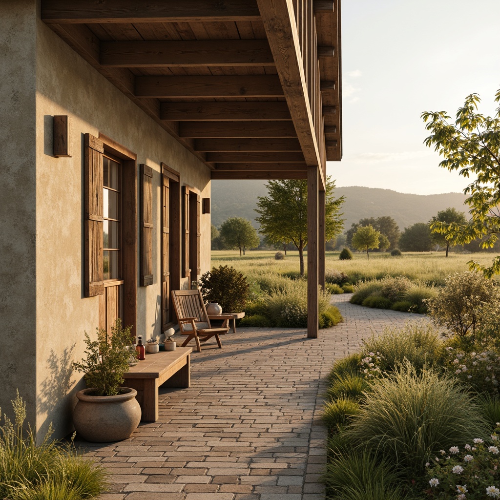 Prompt: Rustic farmhouse, earthy tones, warm beige walls, distressed wood accents, vintage metal decor, soft sage greenery, weathered brick exterior, natural stone pathways, wildflower fields, sunny afternoon light, warm golden hour, shallow depth of field, 2/3 composition, rustic wooden textures, ambient occlusion.