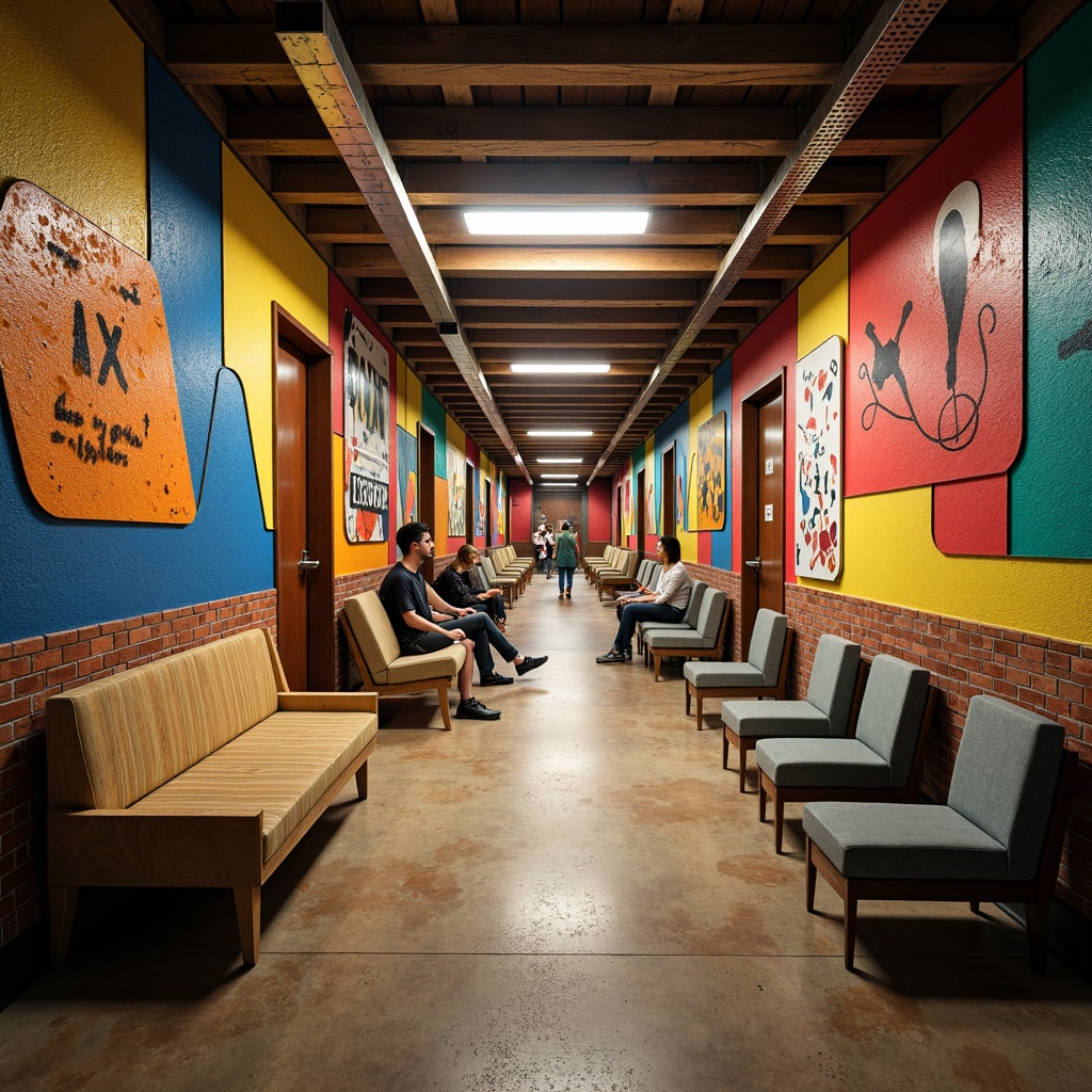 Prompt: Vibrant high school hallways, textured walls with irregular shapes, bold color schemes, abstract murals, eclectic furniture, asymmetrical architectural elements, distressed wood accents, industrial metal fixtures, dramatic overhead lighting, dynamic shadows, 1/1 composition, intense contrast, gritty realistic textures, ambient occlusion.