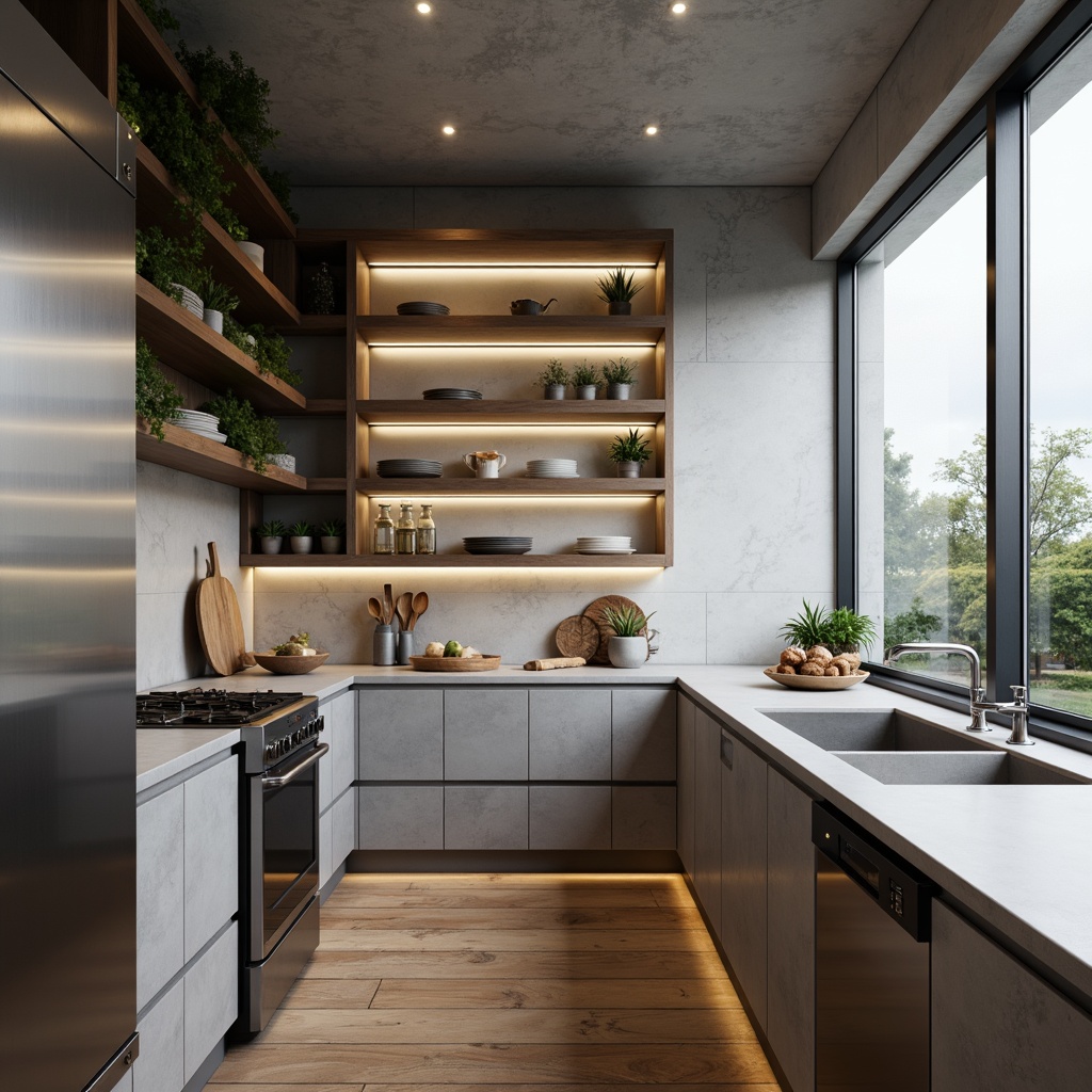 Prompt: Minimalist kitchen, monochromatic color scheme, sleek lines, stainless steel appliances, compact refrigerator, induction cooktop, wall-mounted shelves, hidden storage compartments, LED lighting, concrete countertops, wooden flooring, industrial-chic decor, modern simplicity, natural textures, airy atmosphere, soft warm lighting, 1/1 composition, realistic renderings.