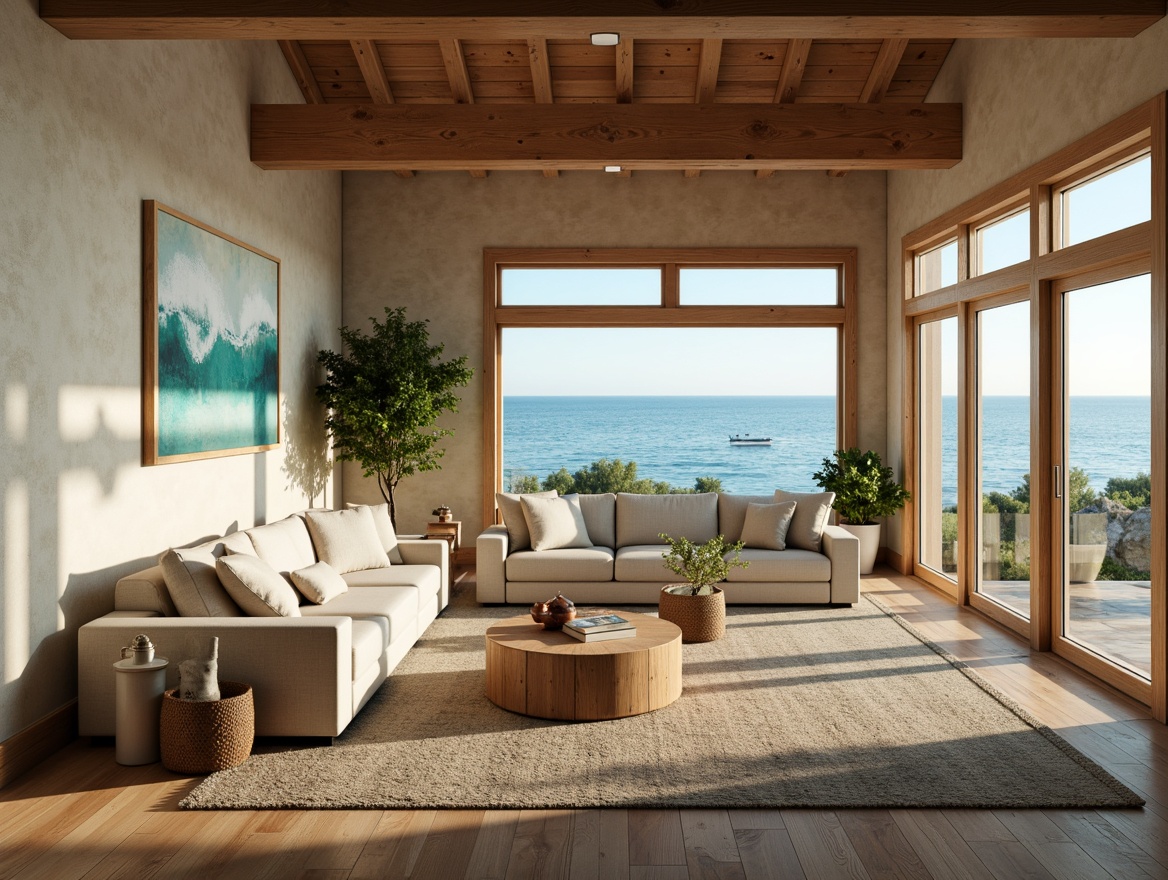 Prompt: Calming coastal living room, soothing ocean views, driftwood accents, natural fiber rugs, plush sectional sofas, wave-inspired wall art, acoustic panels, sound-absorbing materials, soft blue-green color scheme, beachy textures, wooden ceiling beams, floor-to-ceiling windows, sliding glass doors, sunny afternoon, warm golden lighting, shallow depth of field, 2/3 composition, intimate atmosphere, realistic reflections.