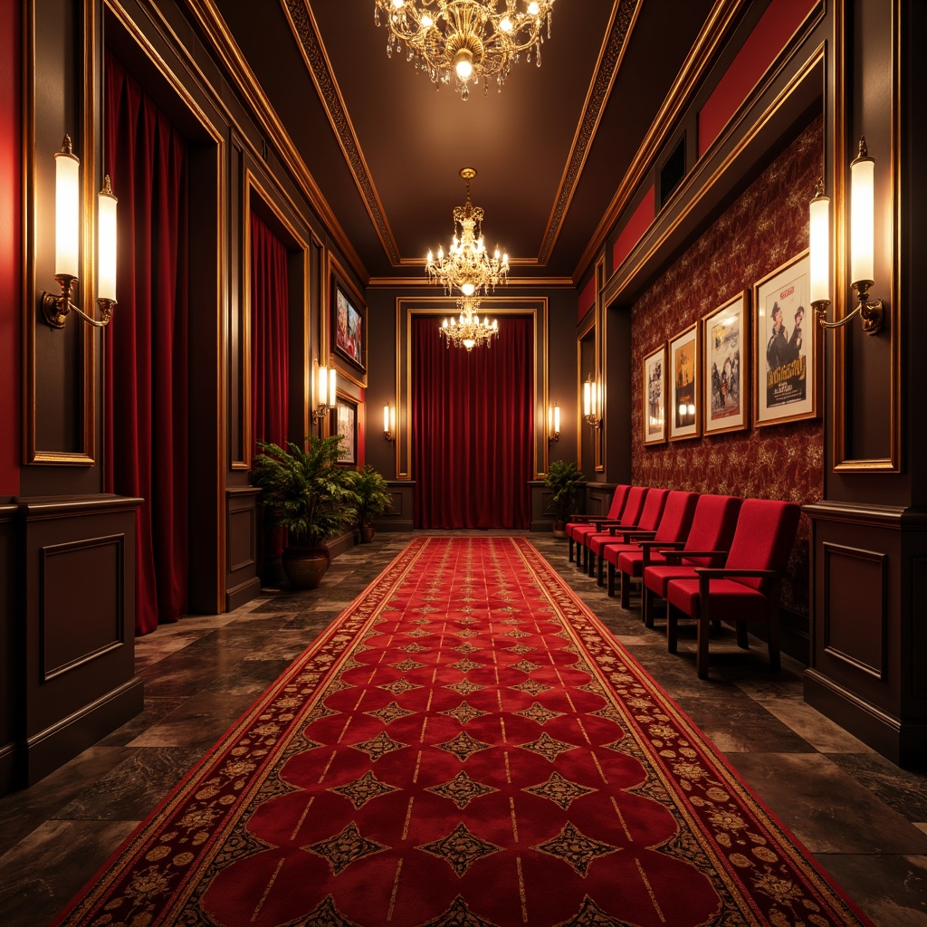 Prompt: Rich velvet carpet, ornate patterns, classic cinema red tones, luxurious gold accents, dark wood flooring, intricate inlays, polished marble surfaces, subtle sheen, soft warm lighting, cinematic atmosphere, nostalgic ambiance, vintage movie posters, iconic film props, plush theater seats, dramatic curtains, opulent chandeliers, 1/1 composition, shallow depth of field, realistic textures, ambient occlusion.