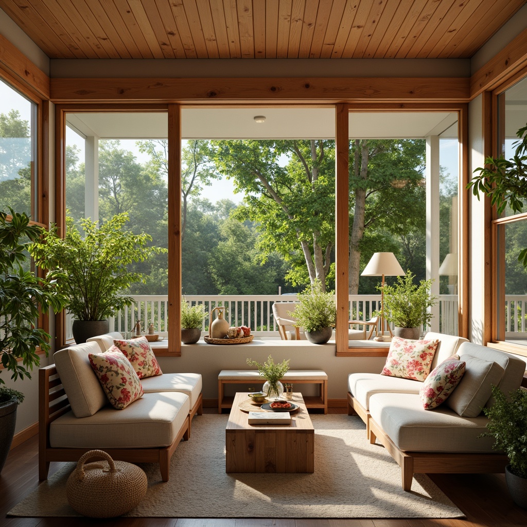 Prompt: Cozy sunroom, plush throw pillows, soft velvet fabrics, natural linen textures, warm beige tones, bright floral patterns, gentle sheen finishes, comfortable seating arrangements, tranquil ambiance, abundant natural light, lush greenery views, sliding glass doors, warm wood accents, earthy color palette, organic material selection, ergonomic furniture design, relaxing atmosphere, soft diffused lighting, shallow depth of field, 3/4 composition, realistic textures.