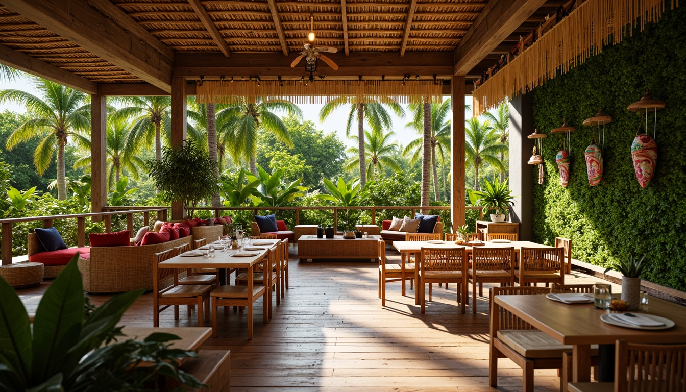 Prompt: Vibrant tropical dining hall, exotic palm trees, lush greenery walls, rattan furniture, natural wood accents, colorful tiki torches, woven bamboo ceiling, rustic wooden floors, bright coral-inspired color scheme, warm sunny lighting, shallow depth of field, 1/1 composition, panoramic view, realistic textures, ambient occlusion.