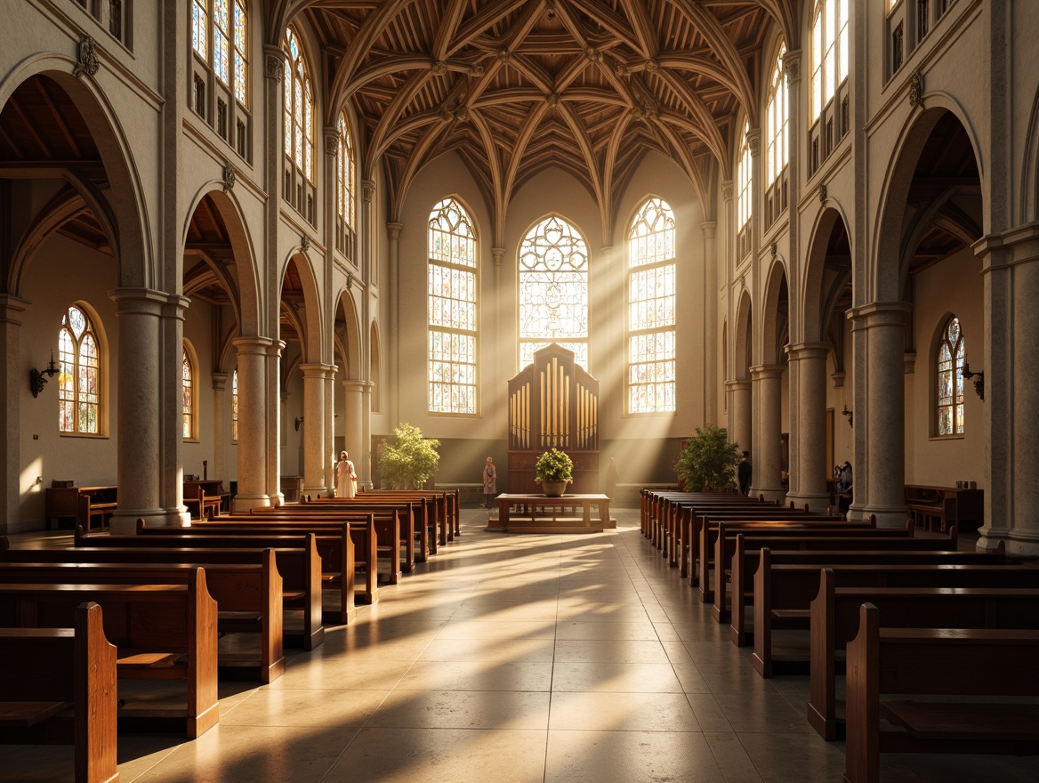 Prompt: Ethereal church interior, grandiose vaulted ceiling, ornate stained glass windows, polished marble floors, intricate stone carvings, warm golden lighting, soft ambient glow, subtle shadows, dramatic archways, majestic pipe organ, ornate pews, devotional statues, serene atmosphere, gentle natural light, diffused sunlight, 1/2 composition, shallow depth of field, warm color palette, realistic textures, subtle lens flares.