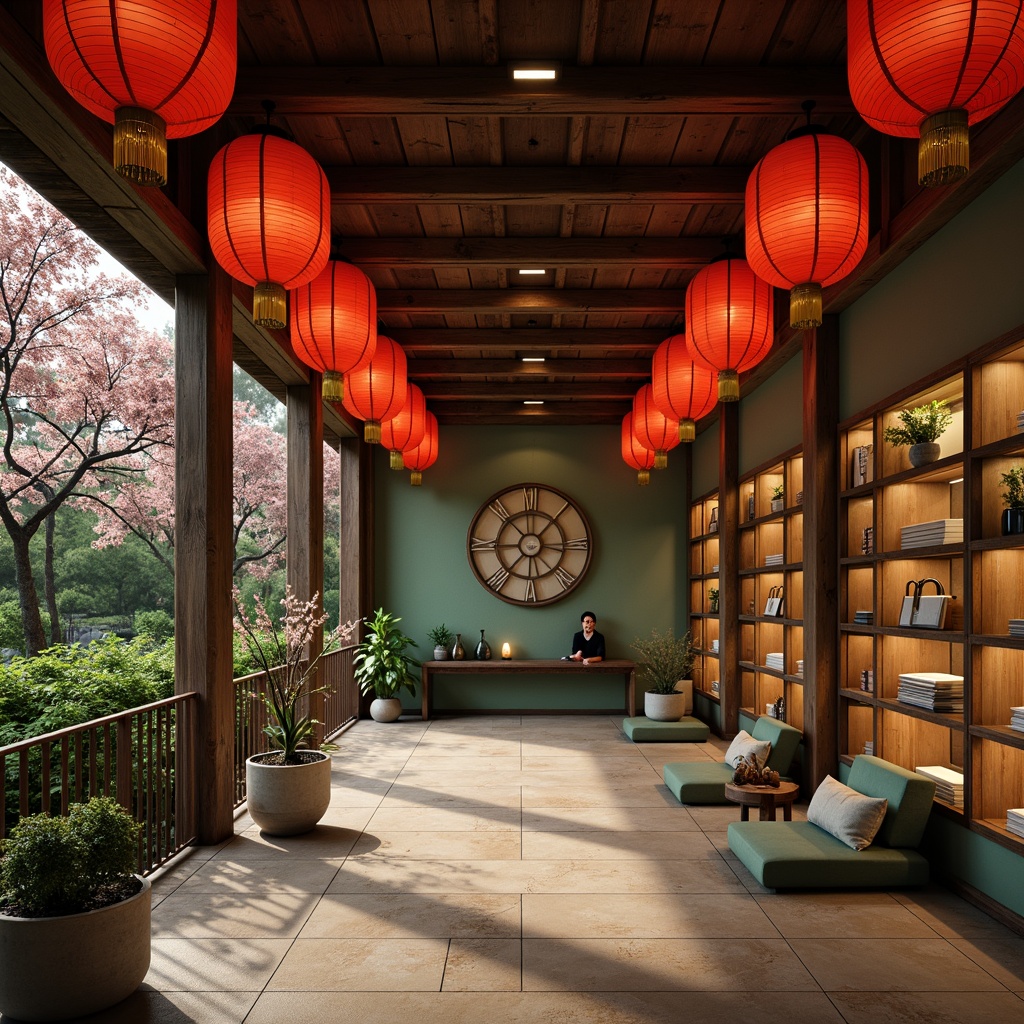 Prompt: Vibrant red lanterns, intricately carved wooden shelves, ornate golden accents, serene jade green walls, subtle silk textures, warm beige stone floors, delicate cherry blossom patterns, traditional Japanese sliding doors, soft diffused lighting, atmospheric misty effects, shallow depth of field, 1/2 composition, natural materials, earthy color tones, balanced asymmetry, elegant simplicity, cultural heritage inspiration.