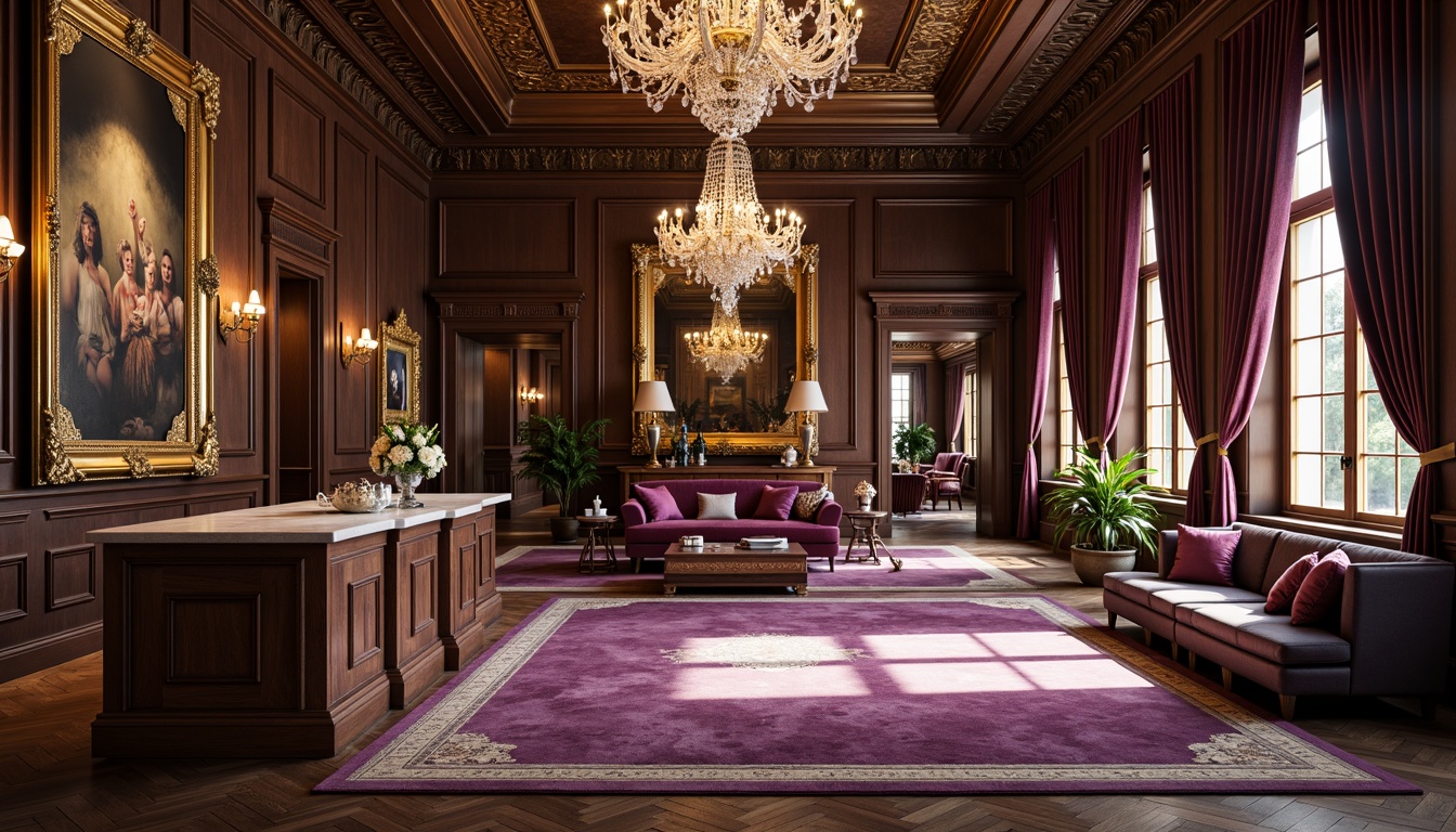 Prompt: Intricate carved wooden furniture, luxurious velvet upholstery, ornate golden frames, lavish crystal chandeliers, richly patterned rugs, opulent marble countertops, intricately designed metalwork, regal purple accents, lavish drapery, soft warm lighting, shallow depth of field, 3/4 composition, realistic textures, ambient occlusion.