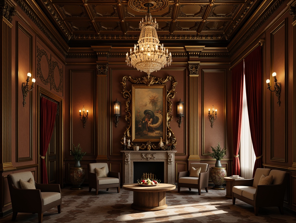 Prompt: Elegant Renaissance-style chandelier, ornate metalwork, crystal droplets, warm golden lighting, intricate carvings, grand high ceilings, luxurious furnishings, velvet drapes, marble floors, rich wood paneling, classic oil paintings, subtle ambient glow, soft box lighting, 1/2 composition, dramatic shadows, realistic reflections, detailed textures.