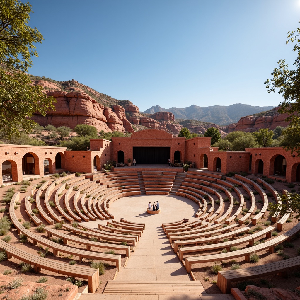 Prompt: Southwestern amphitheater, natural red rock formations, curved seating areas, wooden benches, rustic metal railings, sandy walkways, cacti-adorned landscapes, warm sunny day, clear blue sky, gentle breeze, optimal sound resonance, acoustic panels, sound-absorbing materials, strategically placed speakers, 3D audio simulations, immersive sound experiences, natural amphitheater acoustics, stone-carved architecture, earthy color palette, organic textures, dramatic rock formations, panoramic views, shallow depth of field, realistic lighting effects.