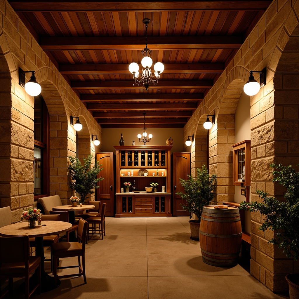 Prompt: Warmly lit wine cellar, rustic wooden accents, earthy stone walls, dimmable pendant lamps, soft warm glow, ambient indirect lighting, subtle spotlights, rich wood tones, ornate metalwork, elegant chandeliers, warm beige stonework, cozy nooks, intimate seating areas, refined cabinetry, vintage wine barrels, antique furniture pieces, classic brick archways, dramatic ceiling heights, romantic candlelight, soft focus photography, shallow depth of field.