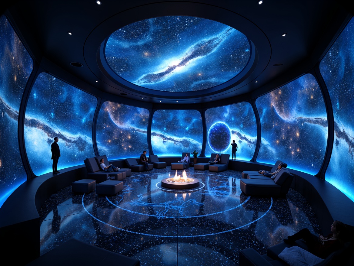 Prompt: Celestial planetarium dome, immersive dark environment, starry night sky projections, 3D astronomical visuals, spherical screens, surround sound systems, comfortable reclined seating, ambient LED lighting, fiber optic starfield installations, constellation patterned flooring, space-inspired murals, neon-lit galaxy designs, futuristic glowing orbs, soft blue hue accents, subtle gradient transitions, atmospheric misting effects, panoramic views, 1/1 composition, realistic glow effects.