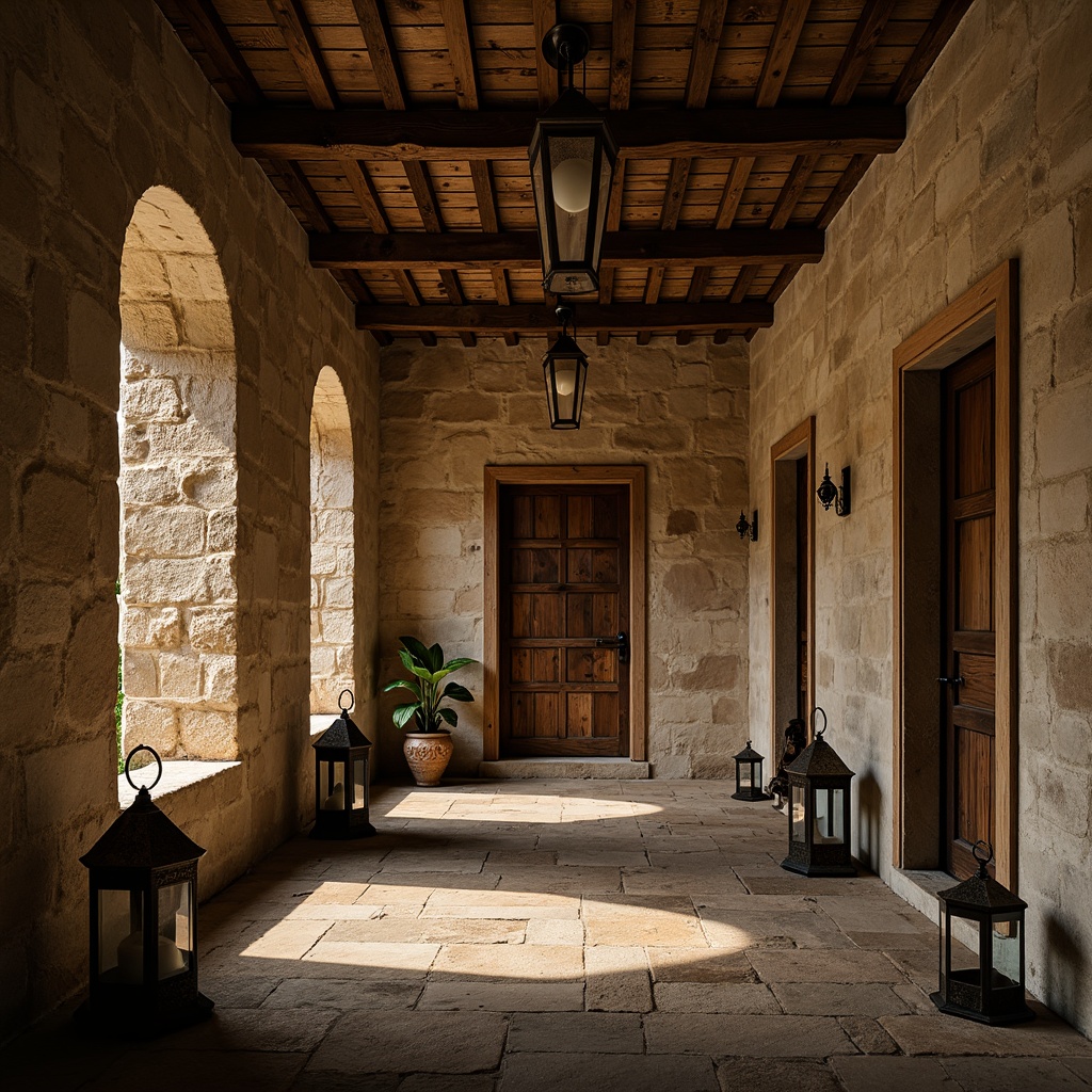 Prompt: Weathered stone walls, rustic monastery architecture, arched windows, wooden doorways, distressed wood textures, faded frescoes, dimly lit corridors, ornate metal lanterns, worn stone floors, candlelit ambiance, warm golden lighting, shallow depth of field, 1/1 composition, realistic textures, ambient occlusion.