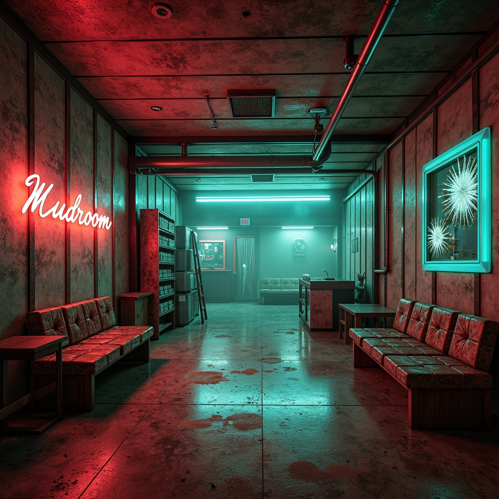 Prompt: Mudroom futuristic interior, industrial-chic color palette, earthy tones, weathered steel accents, rustic wooden benches, distressed concrete floors, neon-lit signage, vibrant turquoise hues, deep crimson shades, metallic silver undertones, atmospheric misting effects, shallow depth of field, 1/1 composition, cinematic lighting, realistic textures, ambient occlusion.