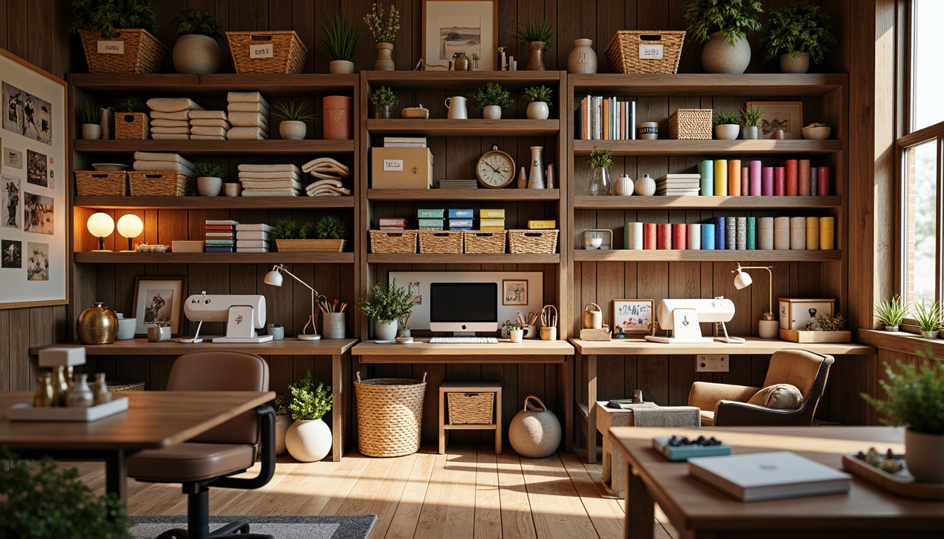 Prompt: Cozy craft room, organized workstations, ergonomic chairs, wooden tables, storage shelves, woven baskets, labeled bins, colorful fabric rolls, thread organizers, bead containers, paper trays, adjustable desk lamps, natural wood textures, earthy color palette, soft warm lighting, shallow depth of field, 1/1 composition, realistic materials, ambient occlusion.