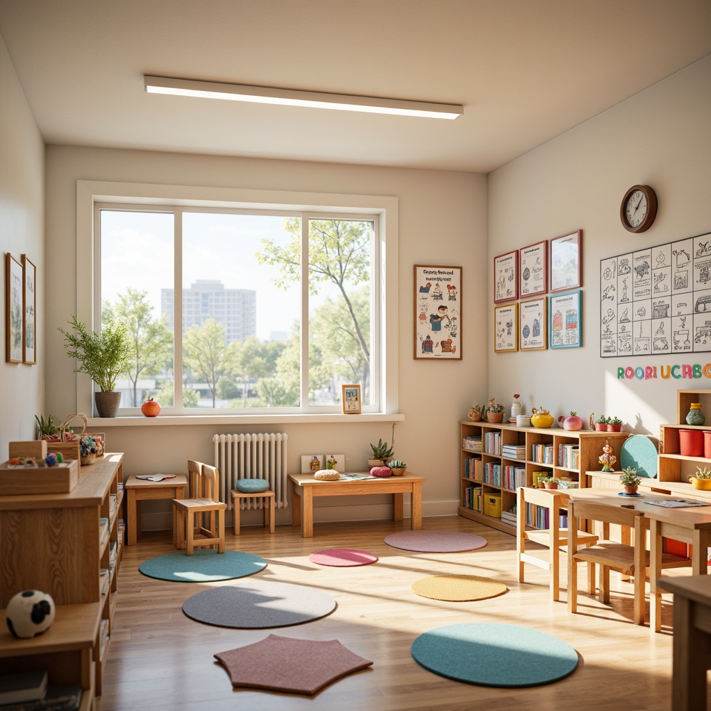 Prompt: Vibrant kindergarten classroom, playful learning environment, soft pastel colors, creamy whites, warm wood tones, bright primary colors, bold black outlines, whimsical illustrations, educational charts, colorful rugs, cushioned reading nooks, wooden tables, tiny chairs, natural light pouring in, shallow depth of field, 1/1 composition, realistic textures, ambient occlusion.