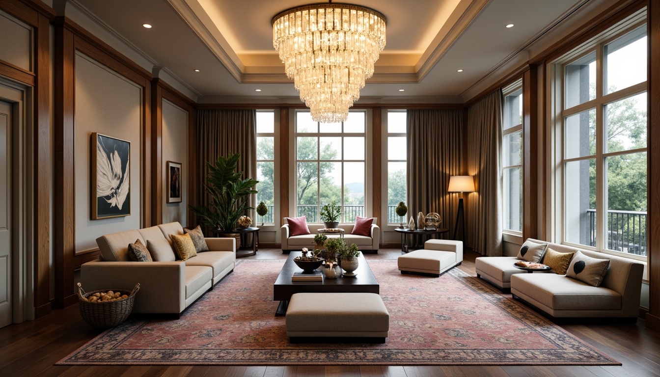 Prompt: Elegant living room, ornate chandeliers, luxurious fabrics, patterned rugs, statement furniture pieces, metallic accents, rich wood tones, neutral color palette, floor-to-ceiling windows, natural light pouring in, soft warm glow, cozy ambiance, plush throw pillows, decorative vases, fresh flower arrangements, framed artwork, sculptural centerpieces, lavish curtains, subtle textures, 1/2 composition, intimate atmosphere, warm color grading.