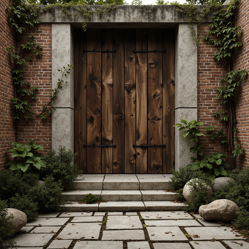 Prompt: Rustic wooden planks, distressed metal panels, rough-hewn stone walls, weathered concrete floors, tactile brick facades, organic natural forms, earthy tones, moss-covered surfaces, vines crawling up walls, warm ambient lighting, shallow depth of field, 3/4 composition, realistic textures, ambient occlusion.