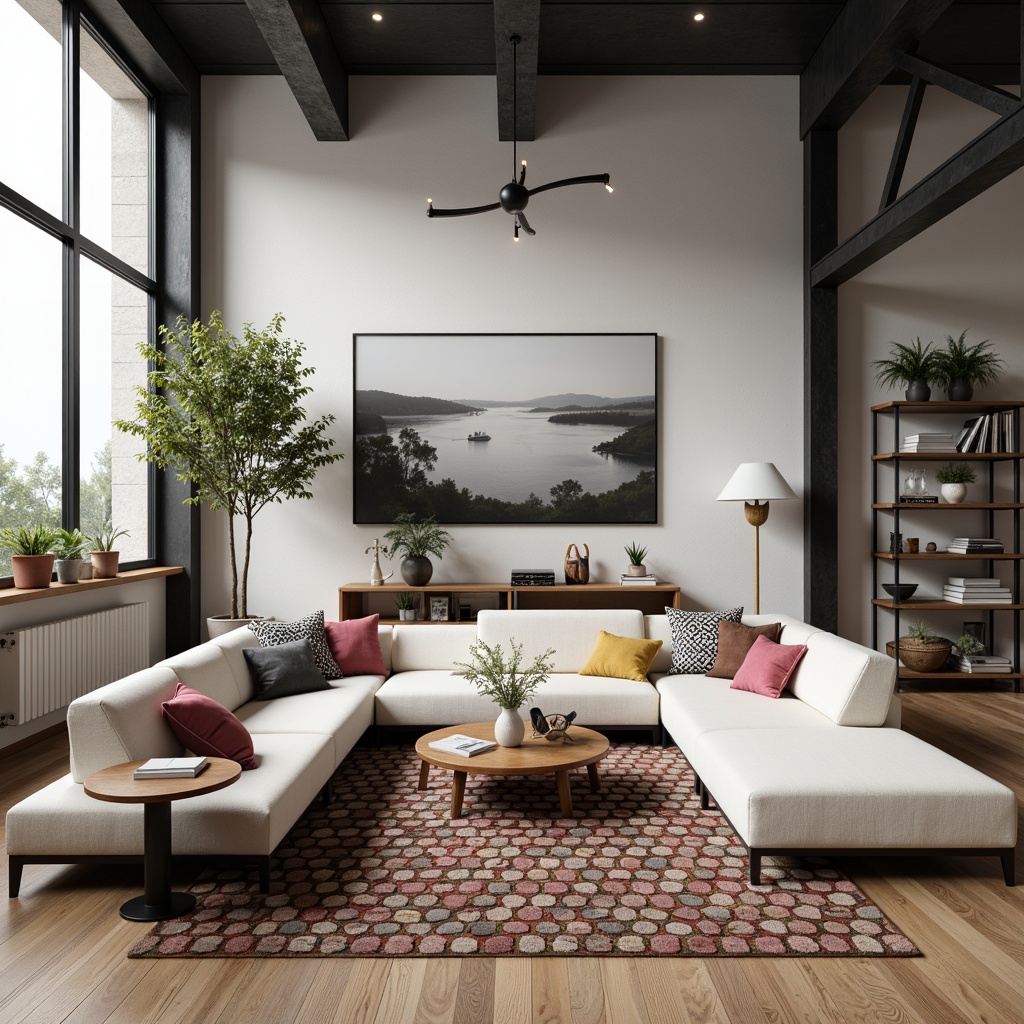 Prompt: Minimalist living room, rectangular sofas, triangular coffee tables, circular rug patterns, hexagonal wall tiles, bold black lines, primary color accents, industrial metal lighting, functional shelving units, geometric patterned textiles, abstract artwork, monochromatic color scheme, high ceilings, large windows, natural light, 3/4 composition, shallow depth of field, soft warm lighting.