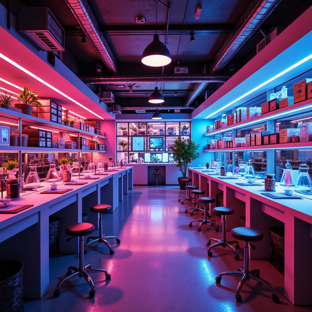 Prompt: Vibrant laboratory interior, neon-lit equipment, bold color accents, futuristic machinery, glass beakers, metal workbenches, ergonomic stools, minimalistic shelving, industrial-chic decor, exposed ductwork, polished concrete floors, warm LED lighting, 1/1 composition, shallow depth of field, soft focus effect.