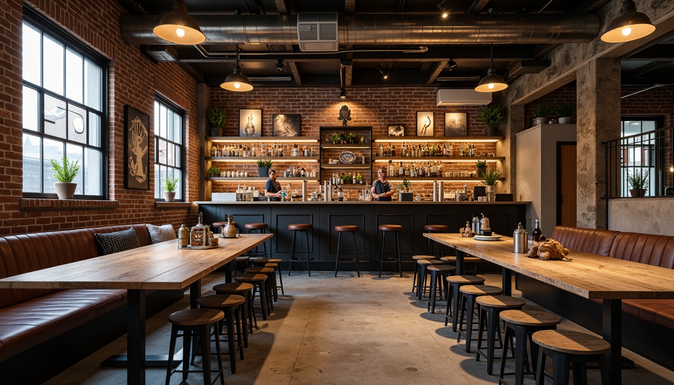 Prompt: Industrial-chic bar, reclaimed wooden tables, metal stools, exposed brick walls, vintage lighting fixtures, distressed leather sofas, rich wood tones, modern minimalist decor, sleek steel shelves, urban loft atmosphere, warm ambient lighting, shallow depth of field, 3/4 composition, realistic textures.