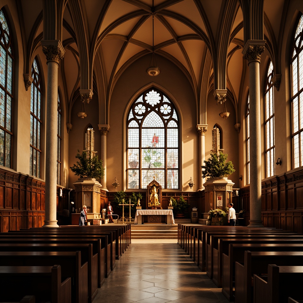 Prompt: Warm church interior, stained glass windows, vaulted ceilings, ornate altar, wooden pews, intricate stone carvings, soft warm lighting, diffused sunlight, subtle shadows, dramatic architectural details, grandiose scale, peaceful atmosphere, reverent mood, gentle color palette, rich textures, realistic materials, shallow depth of field, 1/1 composition, natural ambient occlusion.