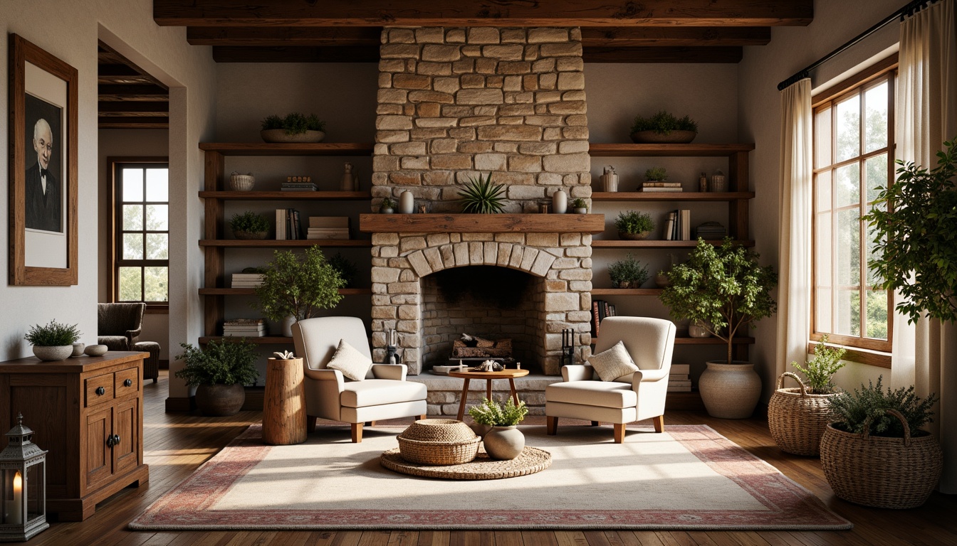 Prompt: Rustic farmhouse interior, wooden beams, stone fireplaces, vintage furniture, distressed wood accents, earthy color palette, natural textiles, woven baskets, antique decorations, warm candlelight, soft shadows, shallow depth of field, 1/1 composition, realistic textures, ambient occlusion, cozy atmosphere, country-inspired patterns, floral arrangements, potted plants, wooden flooring, brick walls, metal lanterns, linen fabrics.