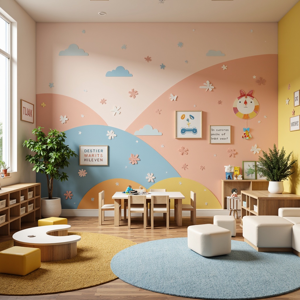 Prompt: Vibrant kindergarten classroom, playful wall murals, pastel color scheme, soft peach tones, calming blue hues, bright yellow accents, creamy white furniture, rounded shapes, textured rugs, natural wood tables, ergonomic chairs, educational posters, alphabet decorations, number lines, colorful storage bins, interactive play areas, cozy reading nooks, warm task lighting, shallow depth of field, 1/1 composition, soft focus effect, whimsical illustrations.