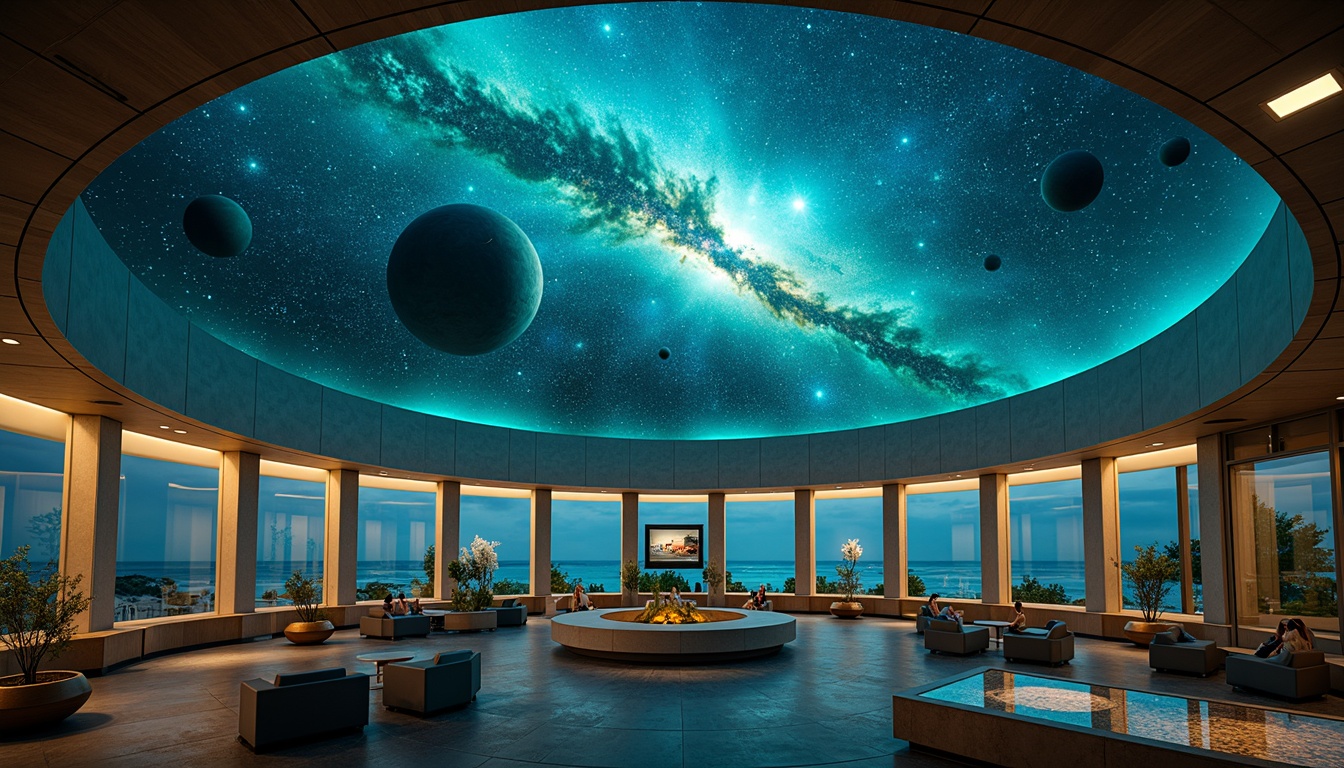 Prompt: Dramatic oceanfront planetarium, curved glass facade, soft blue-green illumination, starry night sky projection, celestial body exhibits, interactive display systems, minimalist metal frames, sleek wooden accents, comfortable seating areas, ambient underwater sound effects, wave-inspired flooring patterns, soft warm lighting, shallow depth of field, 1/1 composition, realistic textures, subtle glow effects.