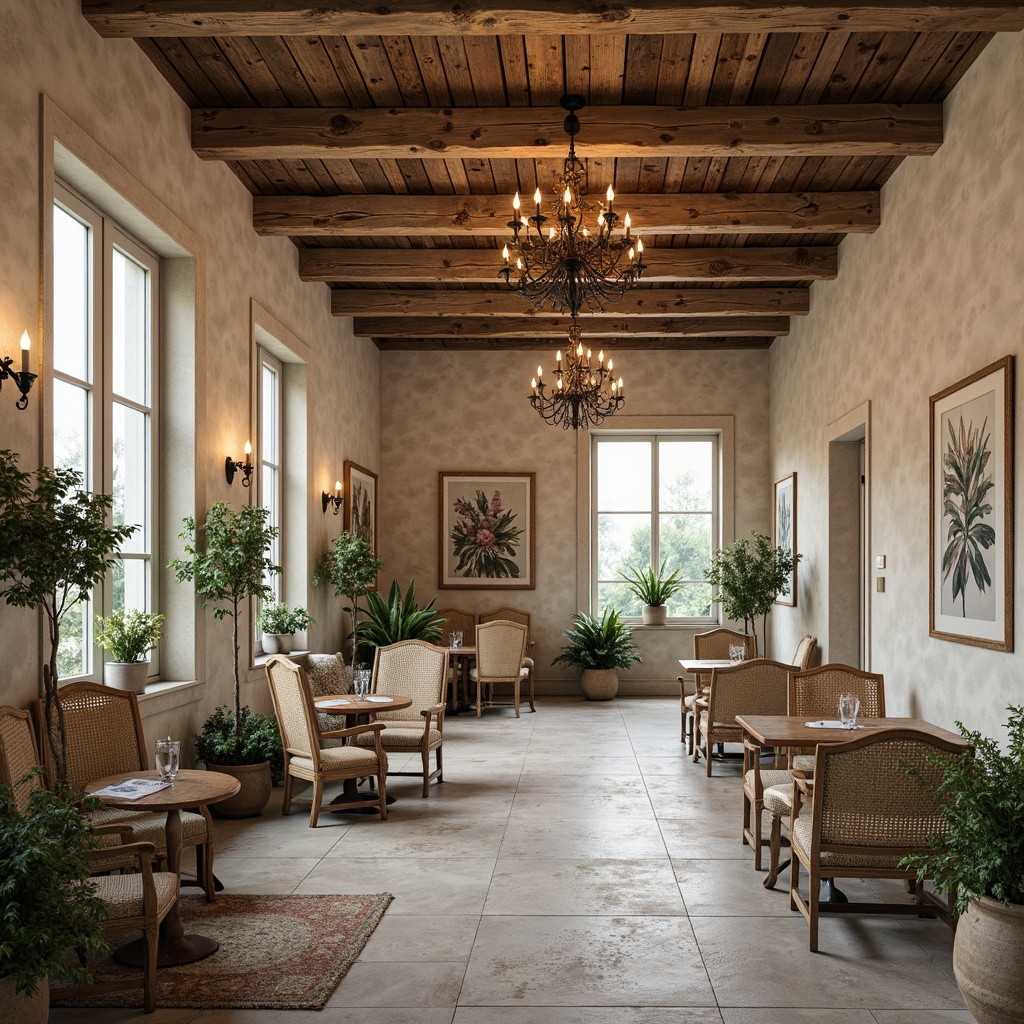 Prompt: Rustic wooden beams, distressed finishes, soft creamy whites, warm beige tones, elegant chandeliers, ornate metalwork, vintage-inspired lighting fixtures, decorative trims, classic French country charm, cozy intimate atmosphere, natural stone walls, earthy color palette, lush greenery, botanical prints, toile de Jouy patterns, subtle distressed textures, 1/1 composition, soft warm lighting, shallow depth of field.