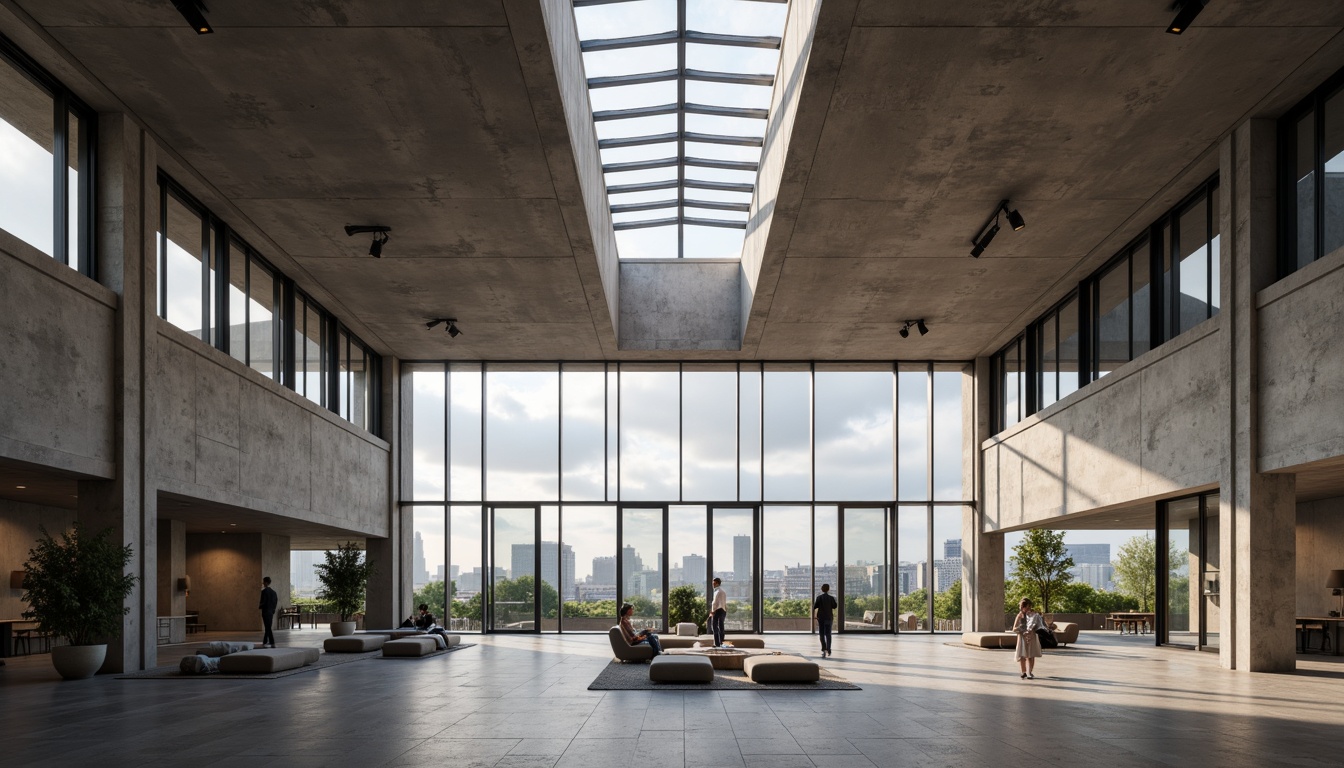 Prompt: Raw concrete walls, industrial metal beams, minimalist decor, abundant natural light, clerestory windows, skylights, floor-to-ceiling glass doors, reflective surfaces, diffused shadows, soft warm glow, subtle color palette, brutalist architecture, urban landscape views, cityscape backdrop, overcast skies, dramatic clouds, 1/1 composition, symmetrical framing, high contrast ratio, ambient occlusion.