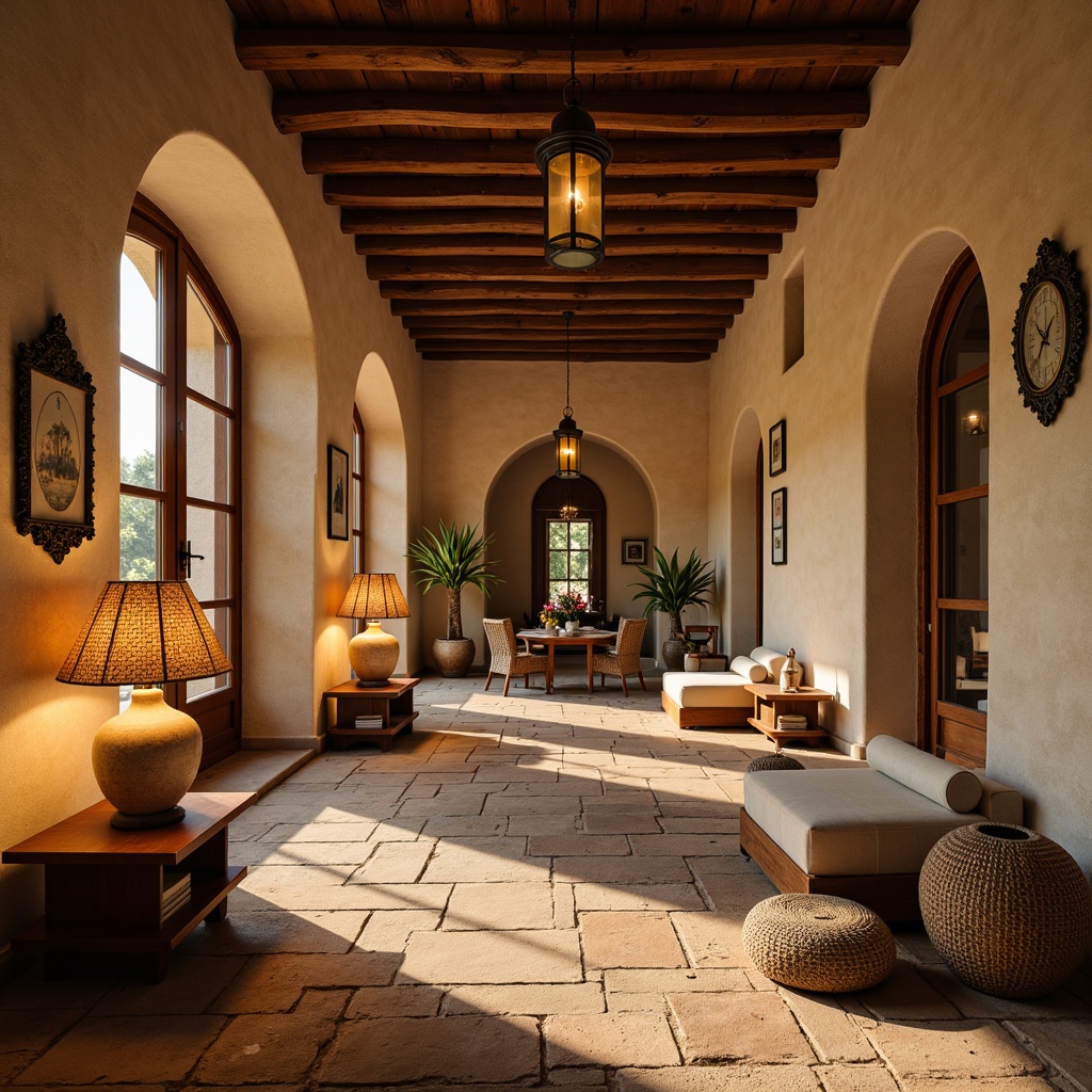 Prompt: Warm Mediterranean interior, soft natural light, warm beige walls, rustic stone floors, wooden beam ceilings, elegant archways, ornate metal lanterns, warm golden lighting, table lamps with ceramic shades, floor lamps with woven rattan shades, cozy reading nooks, intimate ambient lighting, warm color temperatures, soft shadows, subtle contrast, 1/1 composition, realistic textures, ambient occlusion.