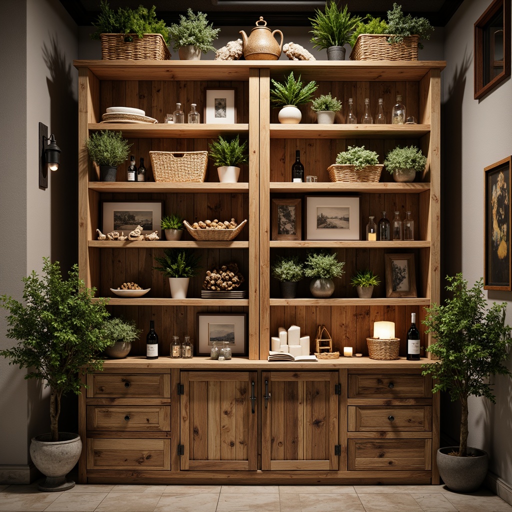 Prompt: Rustic wooden display units, reclaimed wood shelves, vintage metal frames, distressed finishes, earthy tones, natural textures, woven baskets, potted plants, country-style decorations, lantern-style lighting, warm ambient glow, shallow depth of field, 1/2 composition, realistic wood grain, soft focus, cozy atmosphere.