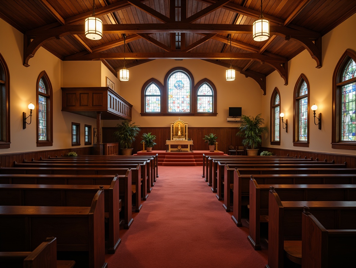 Prompt: Intimate worship space, reverberant atmosphere, warm wooden pews, stained glass windows, vaulted ceilings, ornate chandeliers, subtle carpeting, sound-absorbing panels, optimized speaker placement, clear audio clarity, rich bass tones, soft ambient lighting, dramatic spotlights, 1/2 composition, shallow depth of field, realistic textures, ambient occlusion.