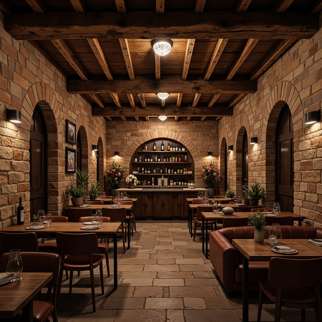 Prompt: Reclaimed wood accents, rustic stone walls, warm earthy tones, dimmed lighting, wooden wine racks, ornate metalwork, vintage wine barrels, rich leather furnishings, distressed finishes, exposed brick arches, natural stone flooring, soft ambient glow, cozy intimate atmosphere, 1/1 composition, shallow depth of field, realistic textures, ambient occlusion.