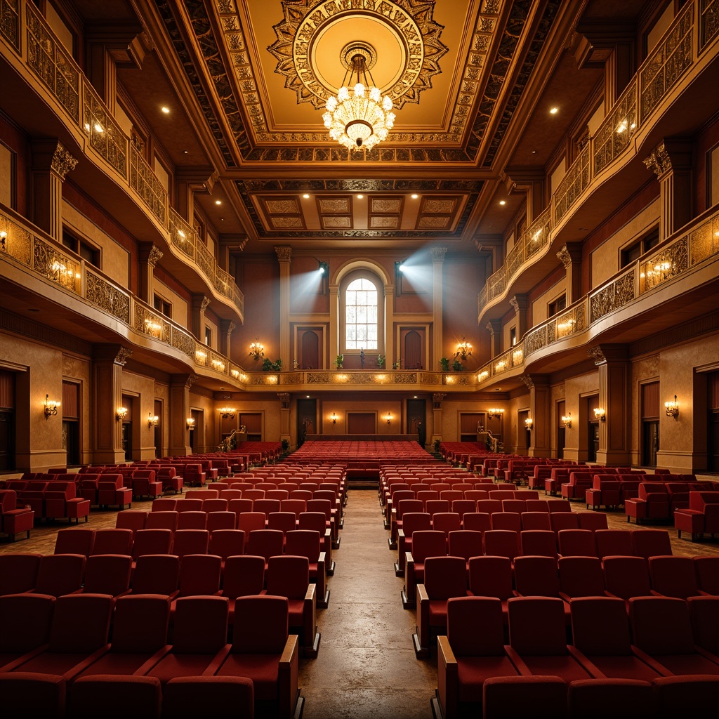 Prompt: Grand traditional auditorium, ornate chandeliers, warm golden lighting, rich wood tones, plush red velvet seats, intricate architectural details, high ceilings, dramatic stage lighting, softbox lights, spotlights, fresnel lenses, cyc lights, warm color temperatures, low-contrast ratios, subtle gradient effects, atmospheric haze, 1/2 composition, cinematic framing, realistic reflections, ambient occlusion.