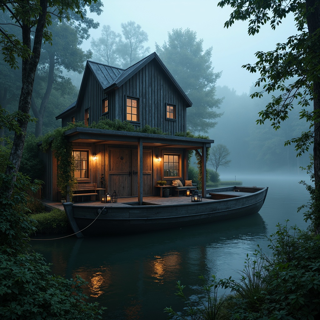 Prompt: Weathered wooden boathouse, mystical lake scenery, eerie misty atmosphere, rich verdant foliage, overgrown vines, distressed finishes, ornate metalwork, mysterious lanterns, dark blues, muted greens, worn wood tones, rusty red hues, subtle golden accents, soft warm lighting, dramatic shadows, atmospheric fog, cinematic composition, realistic textures, ambient occlusion.This prompt includes the main subject (boathouse), its features (weathered wooden, ornate metalwork), setting (mystical lake scenery, eerie misty atmosphere), colors (dark blues, muted greens, worn wood tones, rusty red hues, subtle golden accents), lighting and atmosphere (soft warm lighting, dramatic shadows, atmospheric fog), and composition (cinematic composition, realistic textures, ambient occlusion).