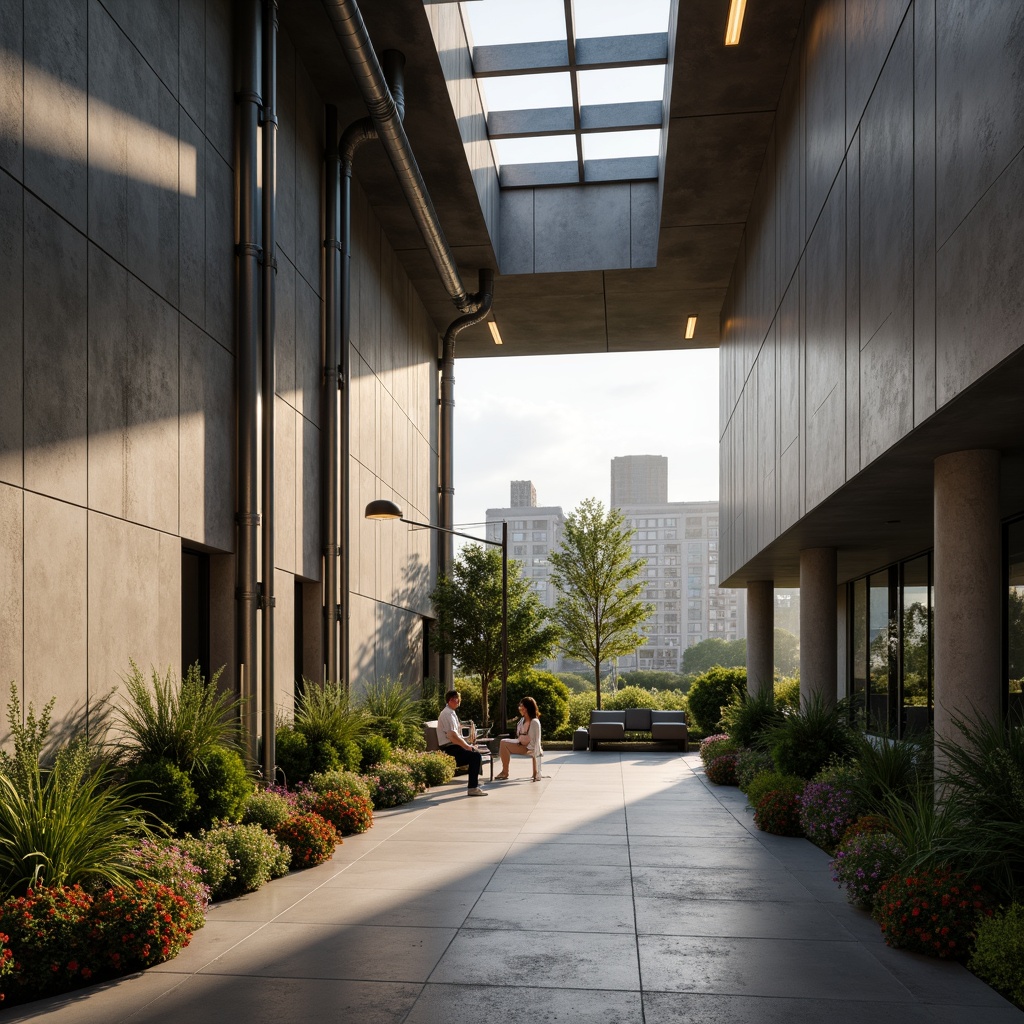 Prompt: Exposed concrete walls, industrial pipes, minimalist decor, functional lighting fixtures, harsh shadows, dramatic natural light, clerestory windows, skylights, diffused sunlight, soft warm glow, 1/1 composition, shallow depth of field, realistic textures, ambient occlusion, urban cityscape views, surrounding trees, lush greenery, vibrant flowers, modern brutalist architecture, raw materiality, bold structural elements.