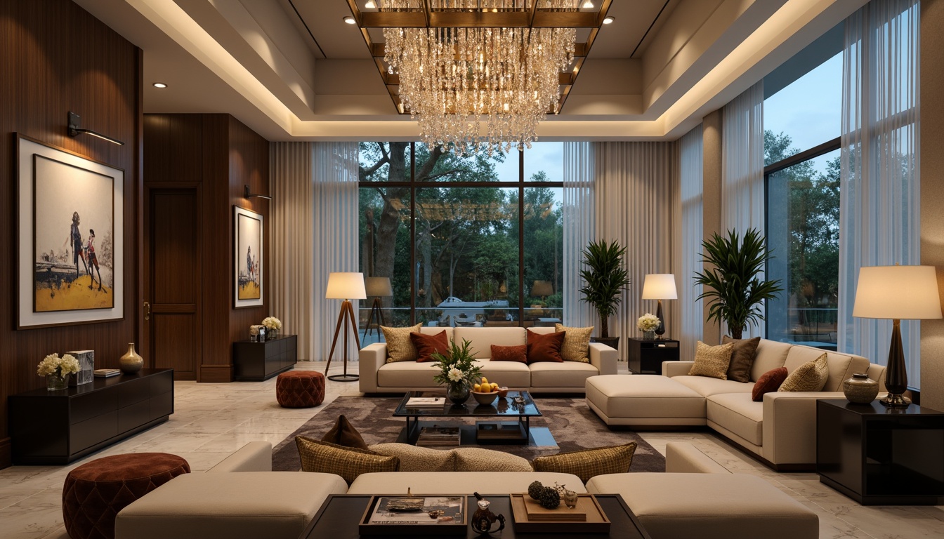 Prompt: Luxurious living room, crystal chandeliers, sleek floor lamps, ambient warm lighting, minimalist decor, high ceilings, large windows, sheer curtains, marble floors, modern sectional sofas, velvet throw pillows, metallic accent walls, glass coffee tables, abstract artwork, elegant vases, lush greenery, soft focus, shallow depth of field, 1/2 composition, cinematic lighting, realistic textures, ambient occlusion.