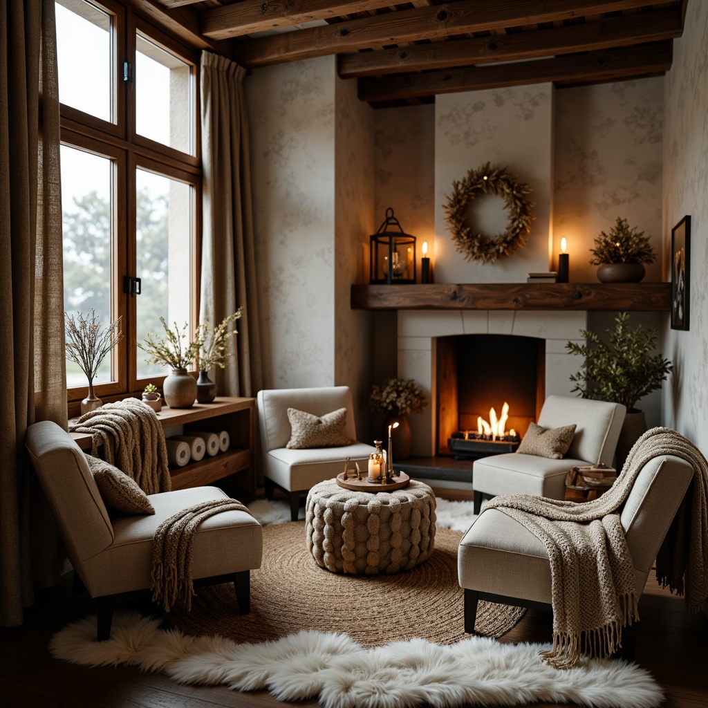 Prompt: Plush throw blankets, soft velvety fabrics, warm earthy tones, natural fibers, woven patterns, chunky knits, cable knit sweaters, faux fur rugs, sheepskin accents, vintage distressed wood, rustic metal frames, lantern-style lighting, golden warm glow, cozy reading nooks, oversized armchairs, crackling fireplace, snowflake decorations, frosty winter mornings, soft focus blur, 1/1 composition, intimate portrait view.