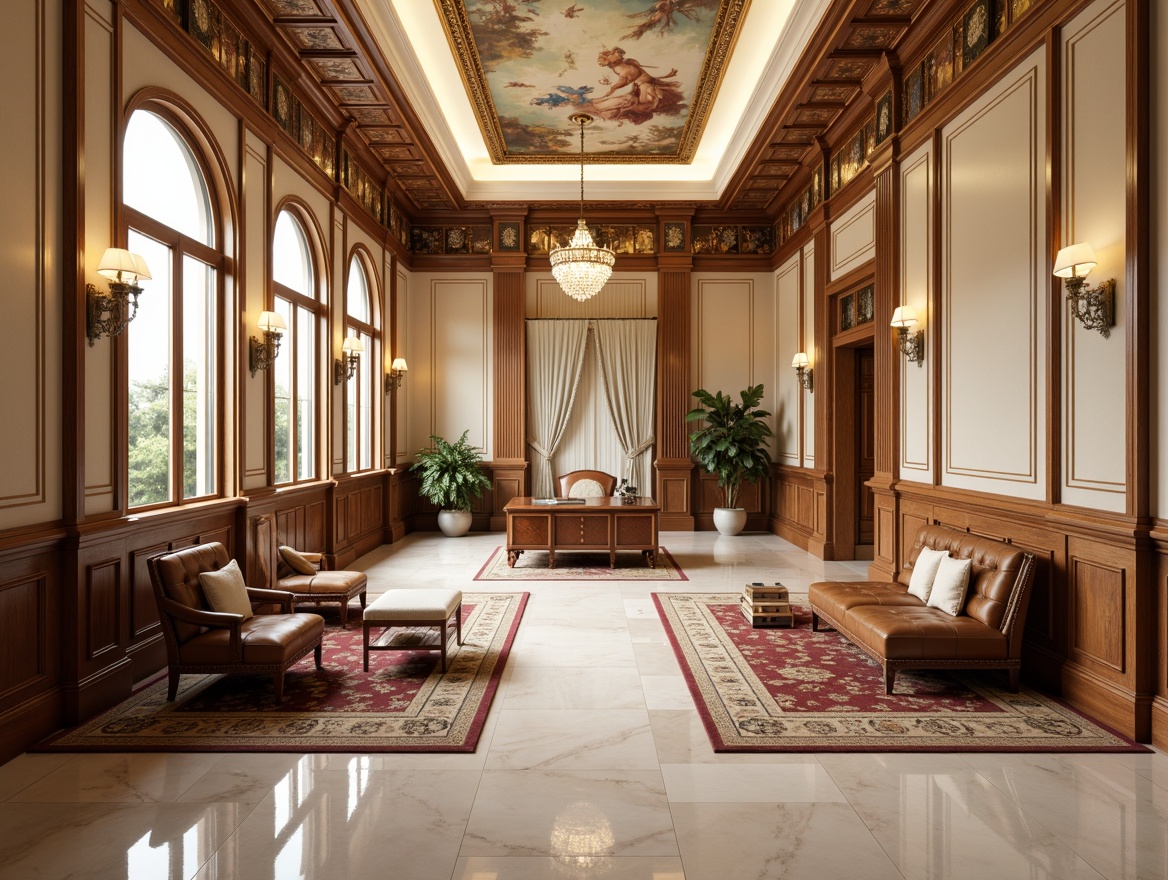 Prompt: Luxurious office interior, classicism style, rich wood paneling, ornate moldings, intricate carvings, warm beige tones, cream-colored walls, soft gold accents, elegant marble flooring, plush area rugs, tufted leather sofas, antique wooden desks, crystal chandeliers, subtle fresco ceiling, tall windows with drapery, classic columns, ornamental arches, subtle texture overlays, realistic material reflections, shallow depth of field, 2/3 composition, warm soft lighting.