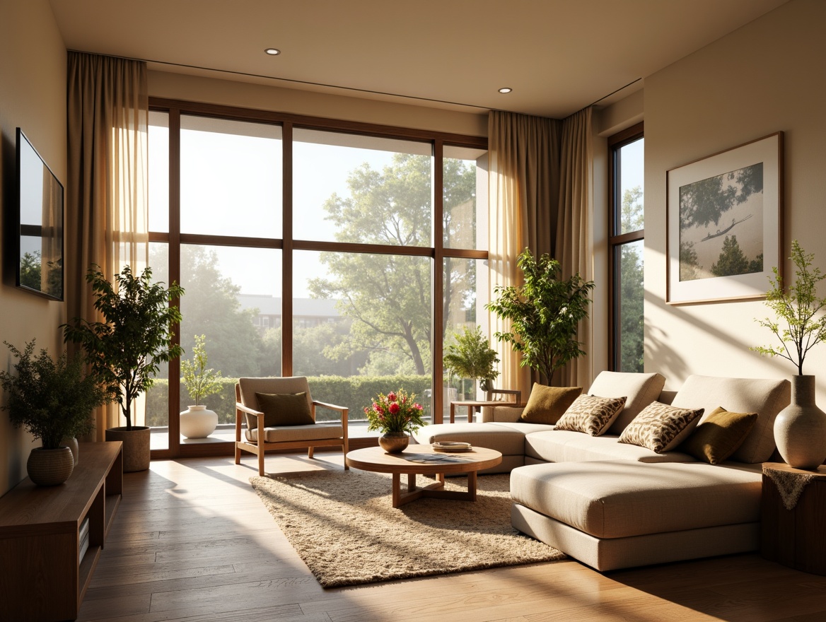 Prompt: Cozy living room, large windows, sliding glass doors, sheer curtains, soft diffused light, warm beige walls, polished wooden floors, plush area rugs, comfortable sofas, natural fiber upholstery, potted plants, blooming flowers, subtle scents, gentle breezes, morning sunlight, indirect illumination, 1/1 composition, shallow depth of field, warm color palette, inviting textures.