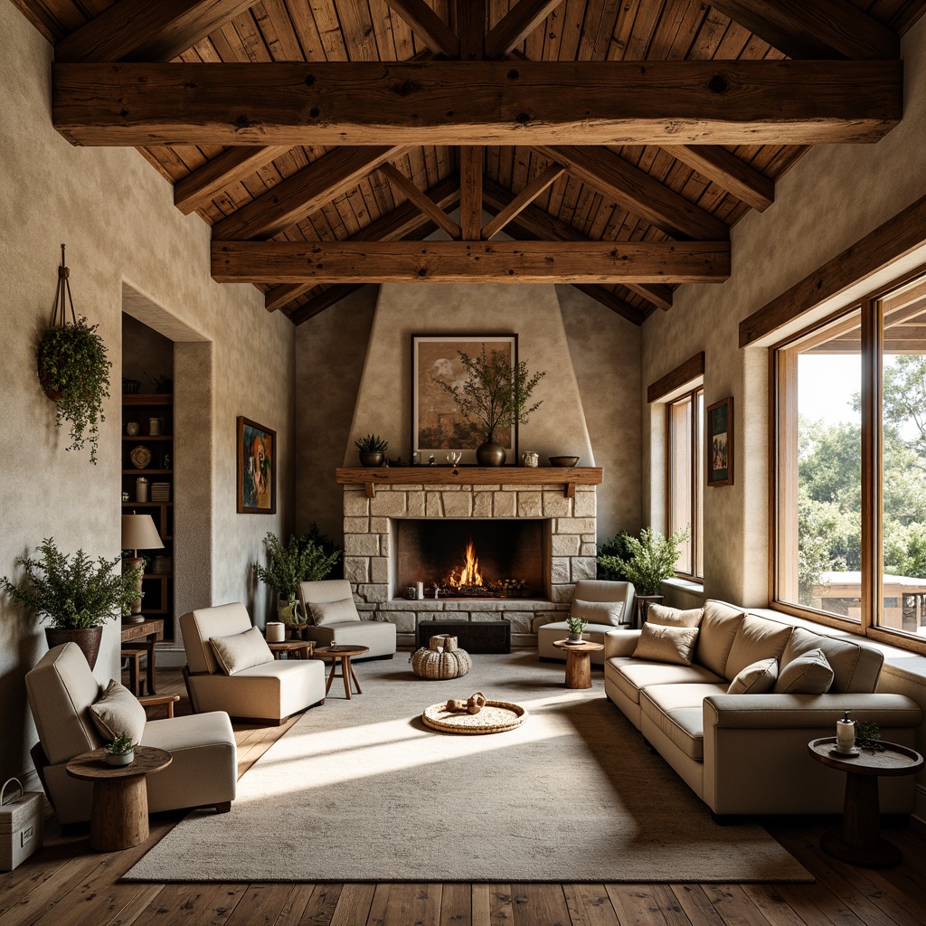 Prompt: Rustic farmhouse, open floor plan, high ceilings, wooden beams, natural stone walls, cozy nooks, comfortable seating areas, vintage decorative items, distressed wood accents, earthy color palette, soft warm lighting, shallow depth of field, 3/4 composition, panoramic view, realistic textures, ambient occlusion.