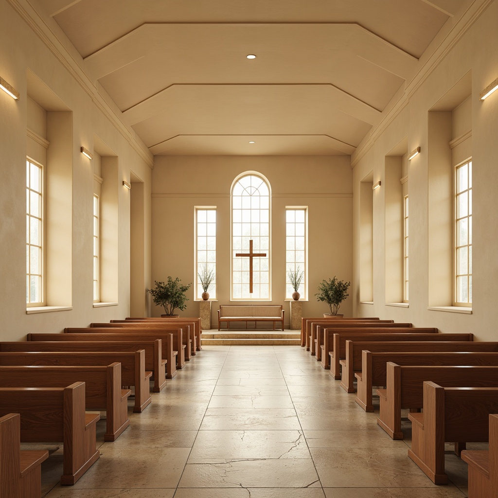 Prompt: Serenity-inspired chapel, soft warm beige walls, calming cream accents, subtle gold trim, minimalist decor, natural stone floors, wooden pews, stained glass windows, gentle diffused lighting, shallow depth of field, 1/1 composition, realistic textures, ambient occlusion, peaceful atmosphere, sacred symbolism, elegant simplicity, contemplative ambiance.