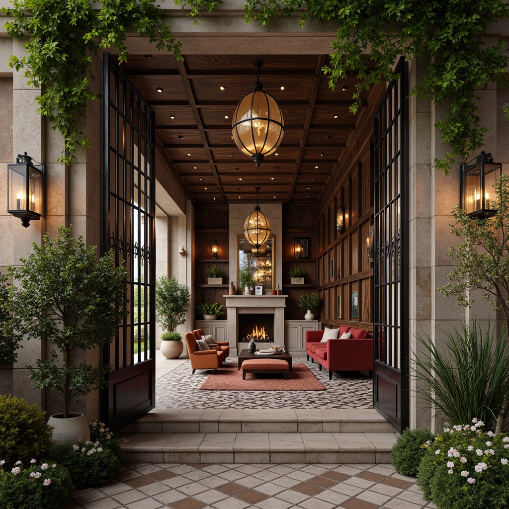 Prompt: Whimsical boutique hotel, ornate iron gates, lush greenery, blooming flowers, distressed wood accents, vintage metal lanterns, rustic stone walls, cozy fireplaces, plush velvet furnishings, golden chandeliers, intricate mosaic patterns, warm soft lighting, shallow depth of field, 1/2 composition, intimate atmosphere, realistic textures, ambient occlusion.