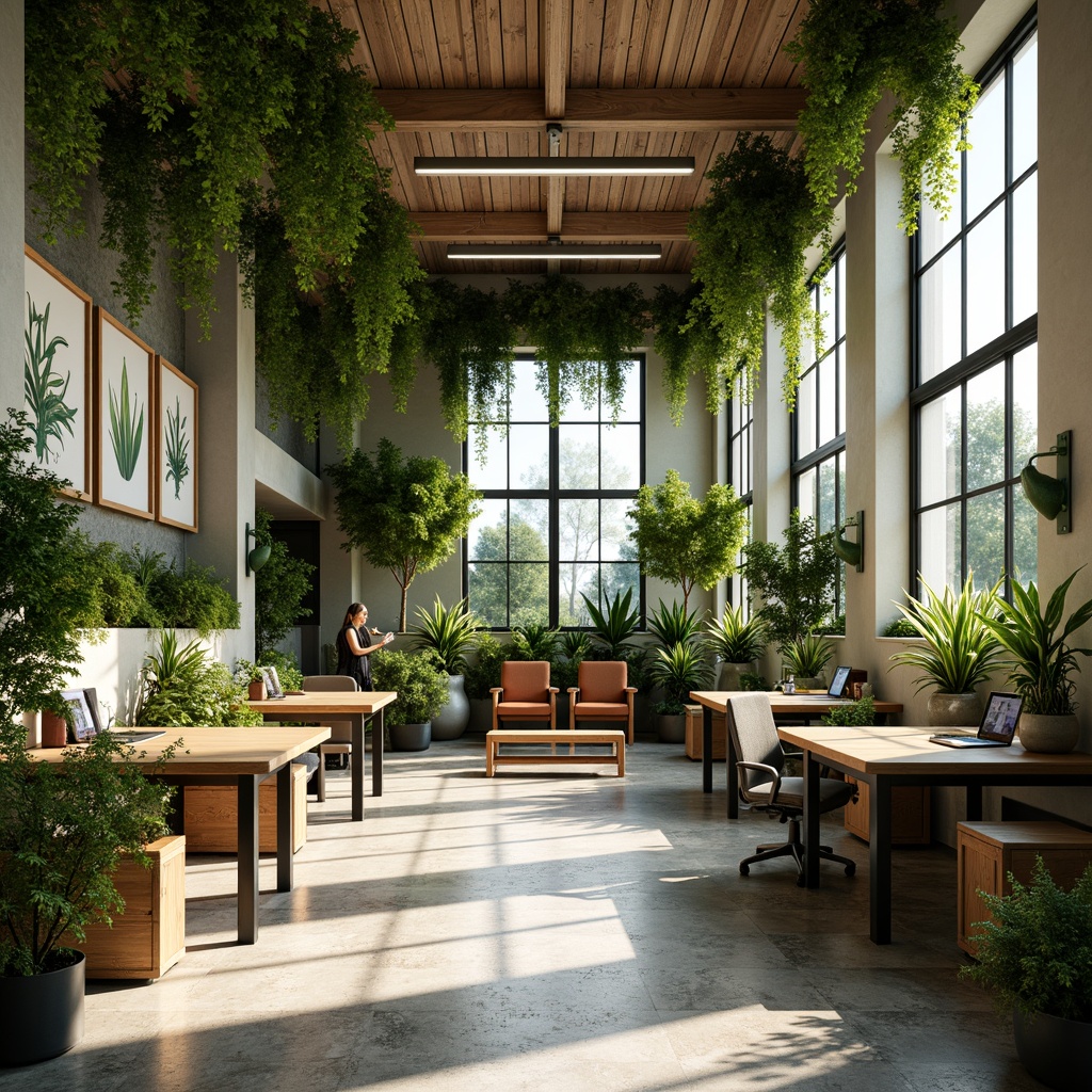 Prompt: Vibrant office space, lush green walls, natural stone floors, wooden desks, ergonomic chairs, living plants, hanging planters, botanical prints, floor-to-ceiling windows, abundant sunlight, soft warm lighting, shallow depth of field, 3/4 composition, panoramic view, realistic textures, ambient occlusion.