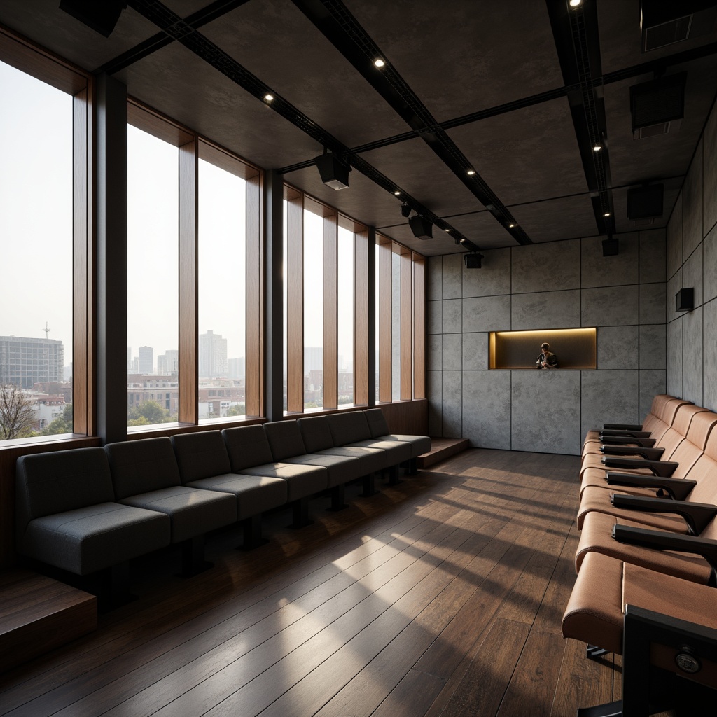 Prompt: Minimalist theater interior, sleek lines, monochromatic color scheme, wooden flooring, modern seating arrangement, curved rows, ergonomic chairs, adjustable armrests, minimalist lighting fixtures, subtle ambient glow, dramatic spotlights, acoustic panels, sound-absorbing materials, floor-to-ceiling windows, natural daylight, urban cityscape view, concrete walls, industrial-style ceiling, exposed ductwork, functional simplicity, Scandinavian-inspired design, warm neutral tones, 1/1 composition, realistic textures, soft focus blur.