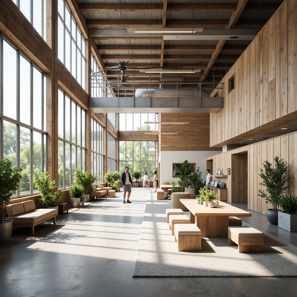 Prompt: Spacious community center, minimalist architecture, clean lines, neutral color palette, abundant natural light, airy atmosphere, reclaimed wood accents, industrial metal beams, polished concrete floors, communal seating areas, potted greenery, subtle texture variations, soft warm lighting, shallow depth of field, 1/1 composition, panoramic view, realistic renderings, ambient occlusion.