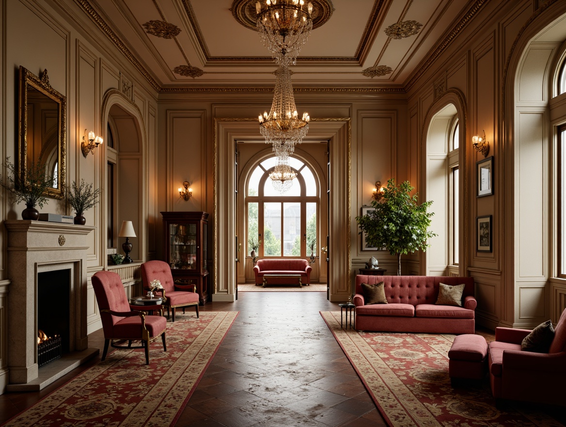 Prompt: Luxurious interior space, refined molding details, ornate ceiling designs, intricate wall patterns, sophisticated archways, grand entranceways, polished wooden floors, plush carpets, lavish furniture pieces, velvet upholstery, golden accents, crystal chandeliers, soft warm lighting, atmospheric ambiance, 1/1 composition, realistic textures, ambient occlusion.