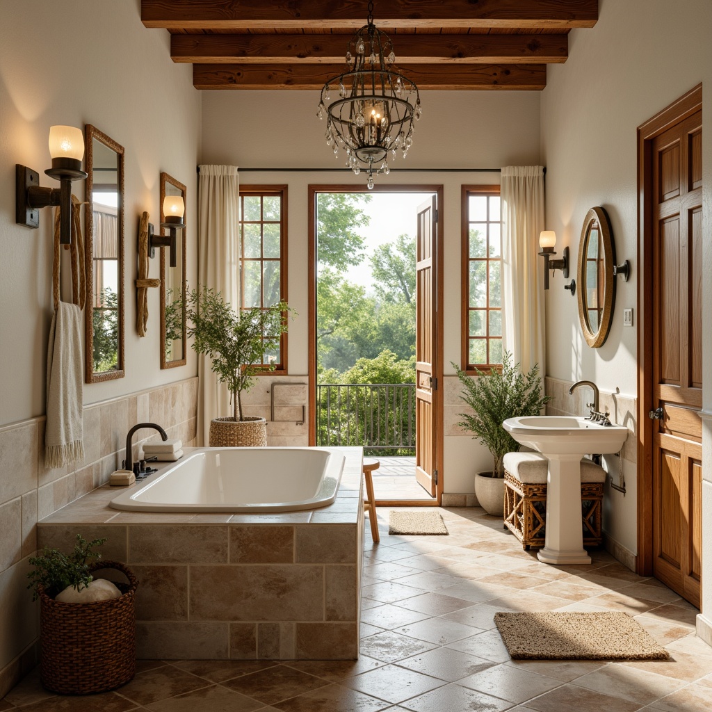 Prompt: Warm Mediterranean bathroom, soft creamy whites, gentle turquoise blues, earthy terracotta reds, soothing sage greens, rustic wooden accents, natural stone textures, elegant ceramic tiles, ornate metal fixtures, ambient warm lighting, shallow depth of field, 1/1 composition, realistic reflections, subtle water effects.